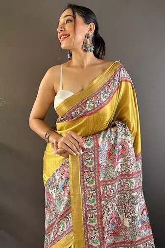 Gold printed tussar silk printed saree with blouse