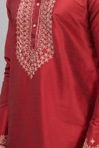 men’s red silk kurta set with heavy embroidery