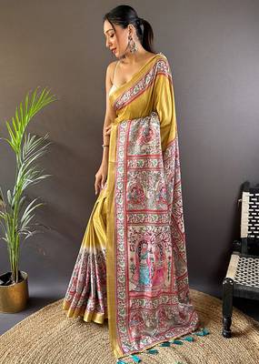 Gold printed tussar silk printed saree with blouse 3