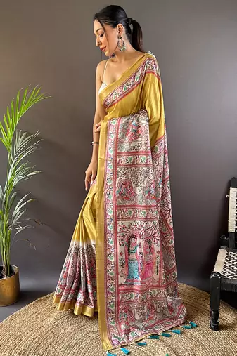 Gold printed tussar silk printed saree with blouse