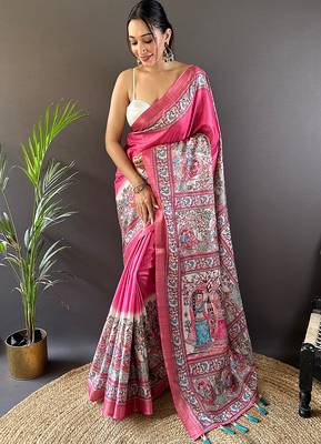 Pink printed tussar silk printed saree with blouse 1