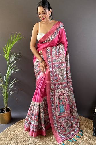 Pink printed tussar silk printed saree with blouse