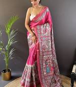 Pink printed tussar silk printed saree with blouse