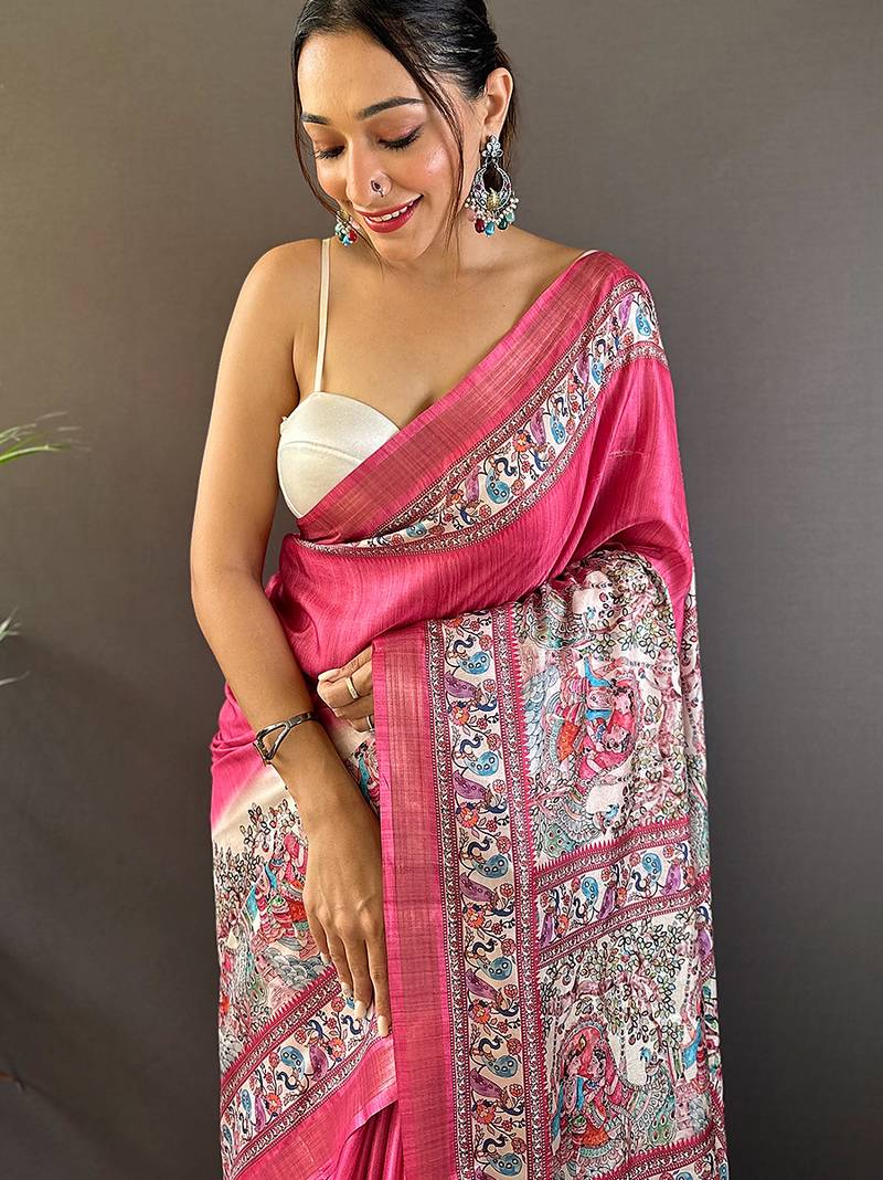 Pink printed tussar silk printed saree with blouse
