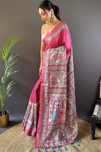 Pink printed tussar silk printed saree with blouse