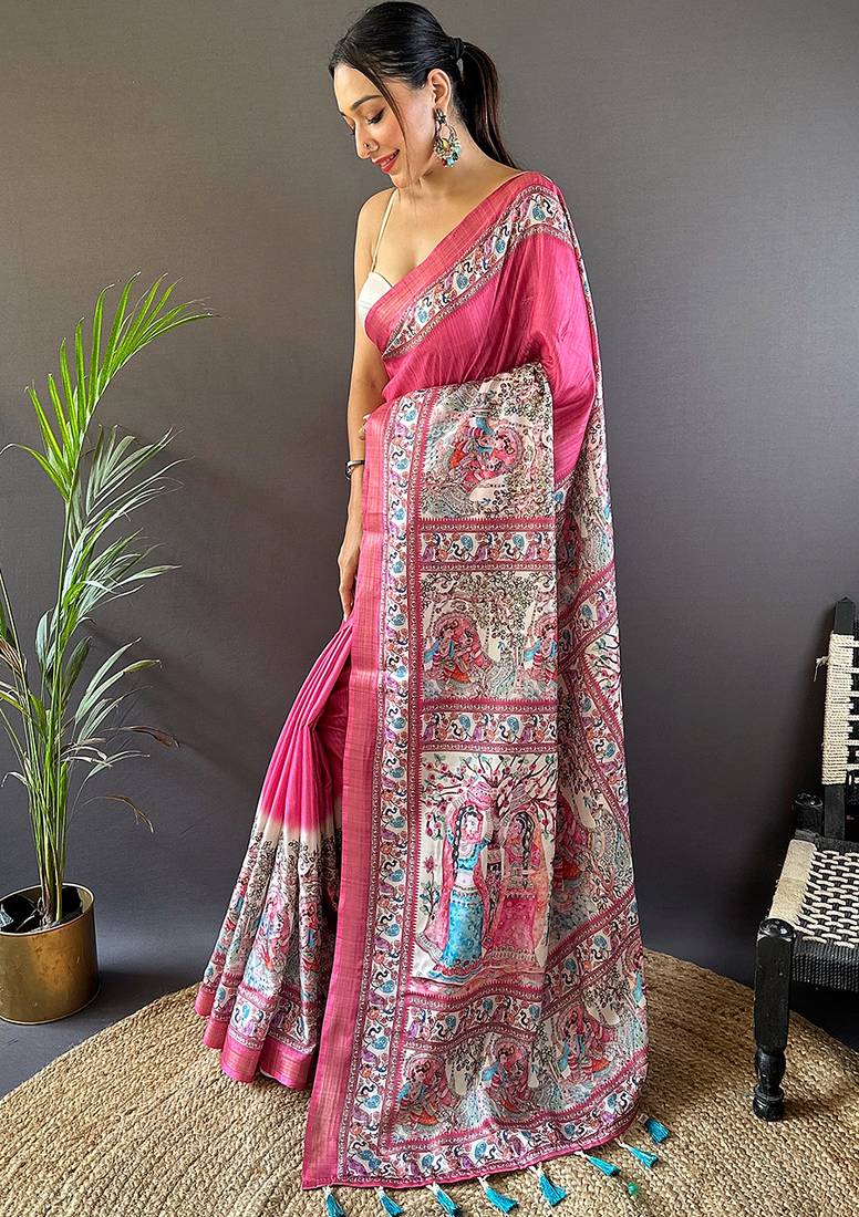 Pink printed tussar silk printed saree with blouse