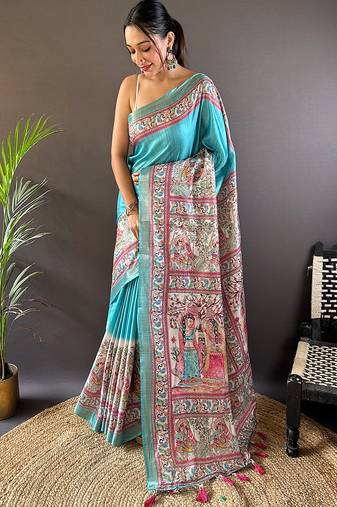 Sky blue printed tussar silk printed saree with blouse