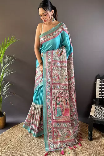 Sky blue printed tussar silk printed saree with blouse