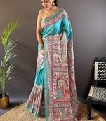 Sky blue printed tussar silk printed saree with blouse