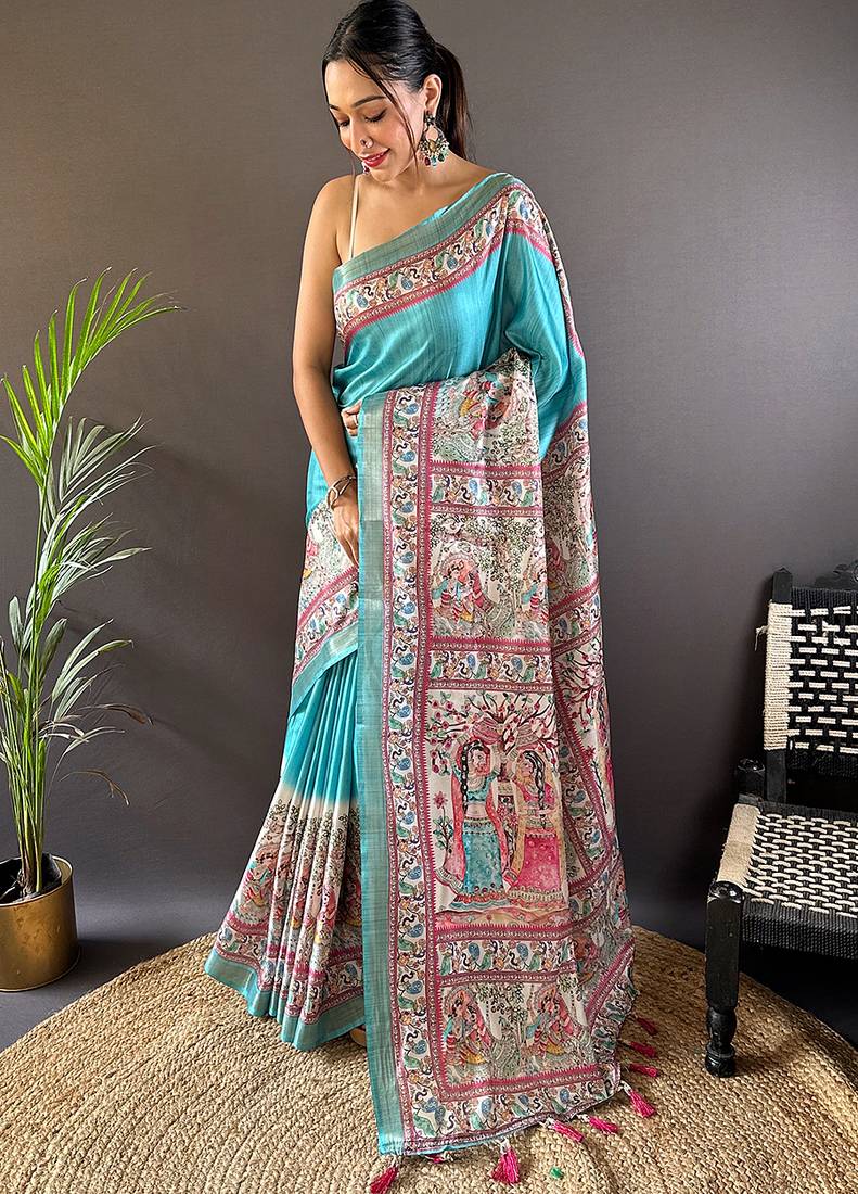 Sky blue printed tussar silk printed saree with blouse