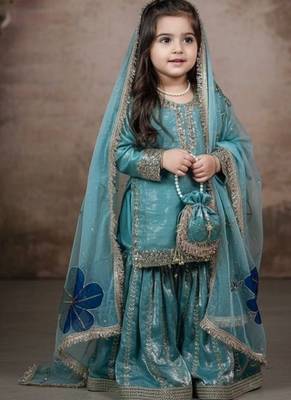 Designer party wear heavy silk kids top sharara & dupatta set 1