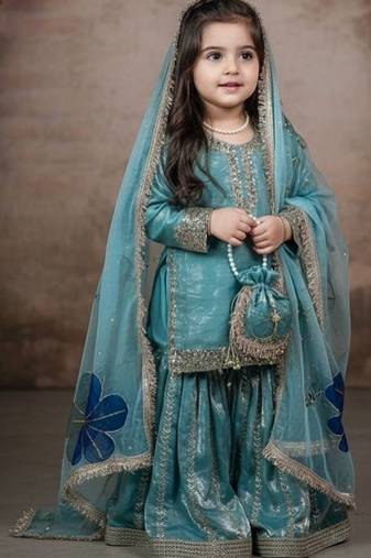 Designer party wear heavy silk kids top sharara & dupatta set