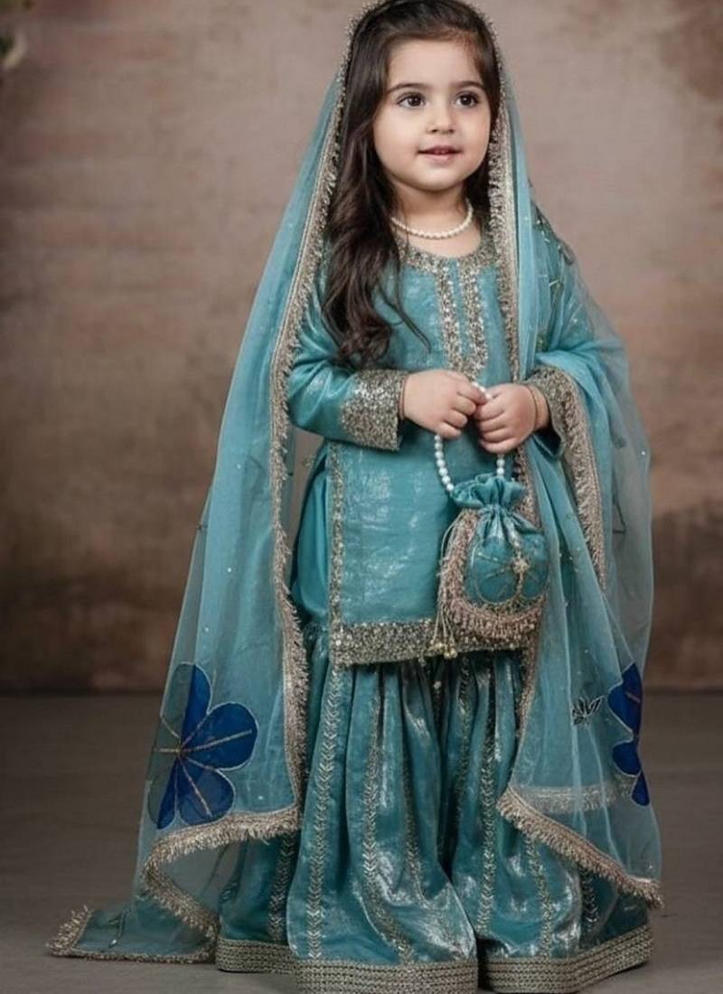 Designer party wear heavy silk kids top sharara & dupatta set