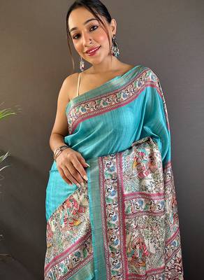 Sky blue printed tussar silk printed saree with blouse 2