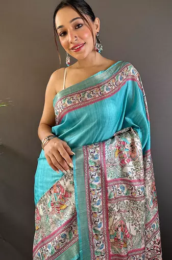 Sky blue printed tussar silk printed saree with blouse