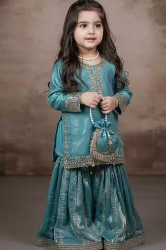 Designer party wear heavy silk kids top sharara & dupatta set