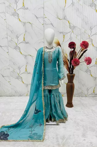 Designer party wear heavy silk kids top sharara & dupatta set