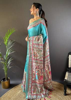 Sky blue printed tussar silk printed saree with blouse 3