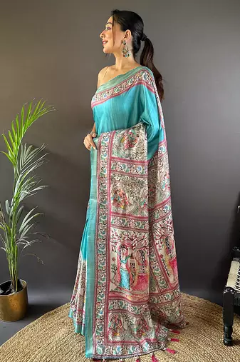 Sky blue printed tussar silk printed saree with blouse