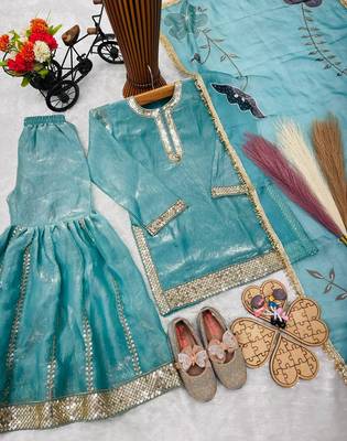 Designer party wear heavy silk kids top sharara & dupatta set 4