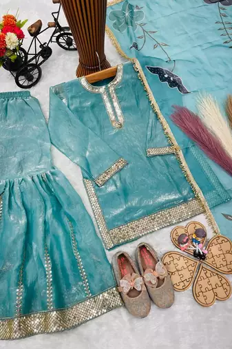 Designer party wear heavy silk kids top sharara & dupatta set