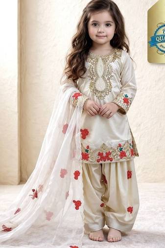 Designer party wear heavy natural crep kids patiala set