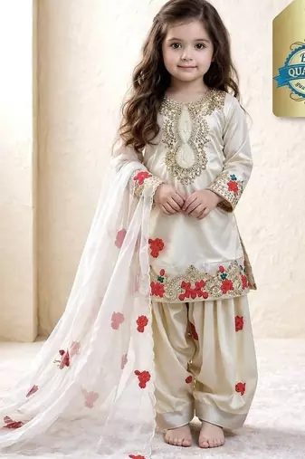 Designer party wear heavy natural crep kids patiala set