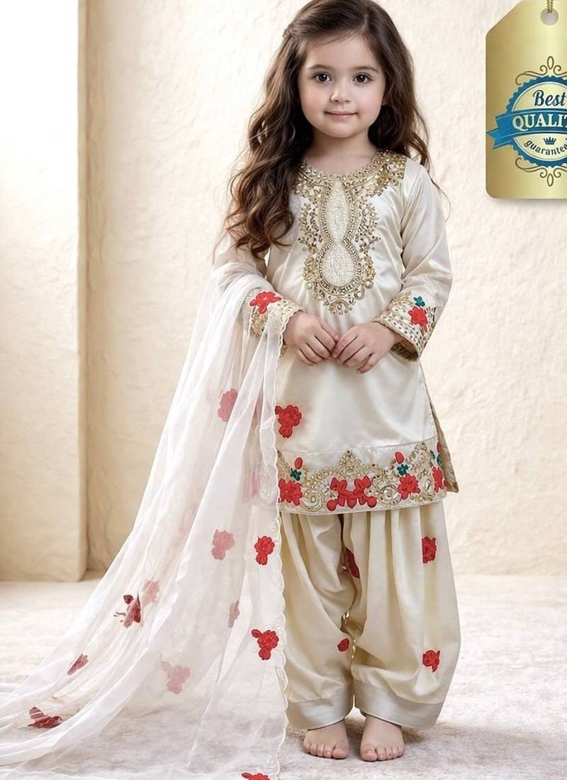 Designer party wear heavy natural crep kids patiala set