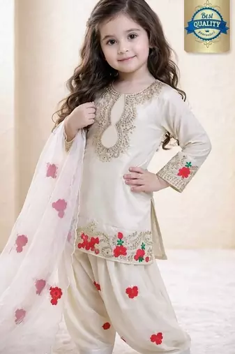 Designer party wear heavy natural crep kids patiala set