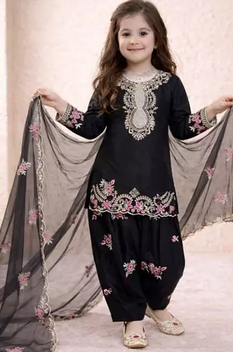 Designer party wear heavy natural crep kids patiala set