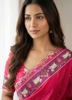 Pink  Color Aaari Mirror Foil Work and  Gopi Kana Print Silk Saree 2