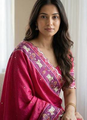 Pink  Color Aaari Mirror Foil Work and  Gopi Kana Print Silk Saree 3