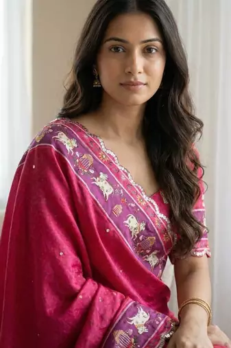Pink  Color Aaari Mirror Foil Work and  Gopi Kana Print Silk Saree