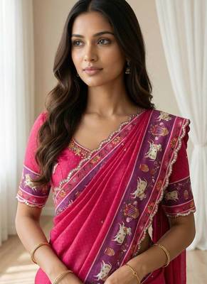 Pink  Color Aaari Mirror Foil Work and  Gopi Kana Print Silk Saree 4