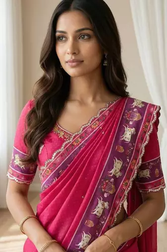 Pink  Color Aaari Mirror Foil Work and  Gopi Kana Print Silk Saree