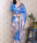 Blue printed tussar silk printed saree with blouse