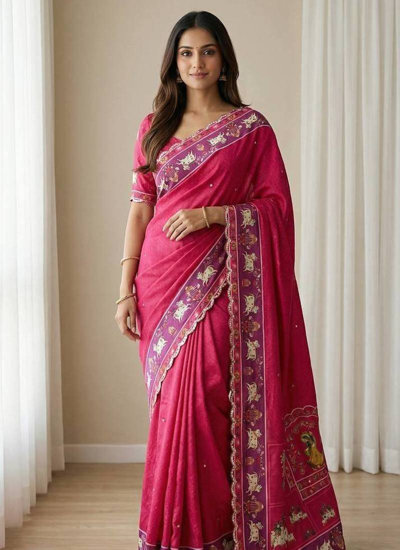 Pink  Color Aaari Mirror Foil Work and  Gopi Kana Print Silk Saree