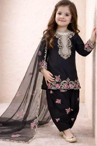 Designer party wear heavy natural crep kids patiala set