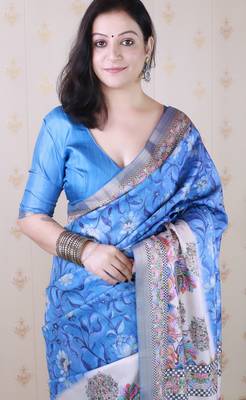 Blue printed tussar silk printed saree with blouse 2