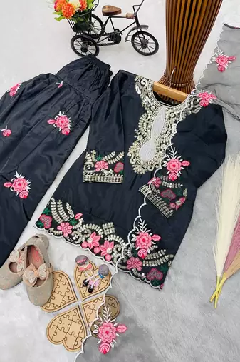 Designer party wear heavy natural crep kids patiala set