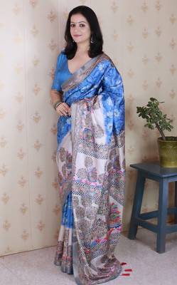 Blue printed tussar silk printed saree with blouse 3
