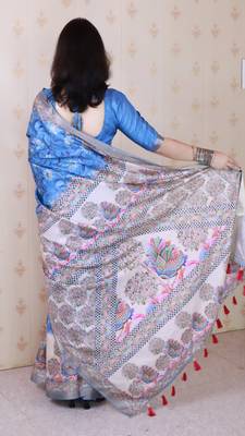 Blue printed tussar silk printed saree with blouse 4
