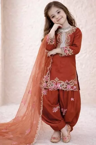 Designer party wear heavy natural crep kids patiala set