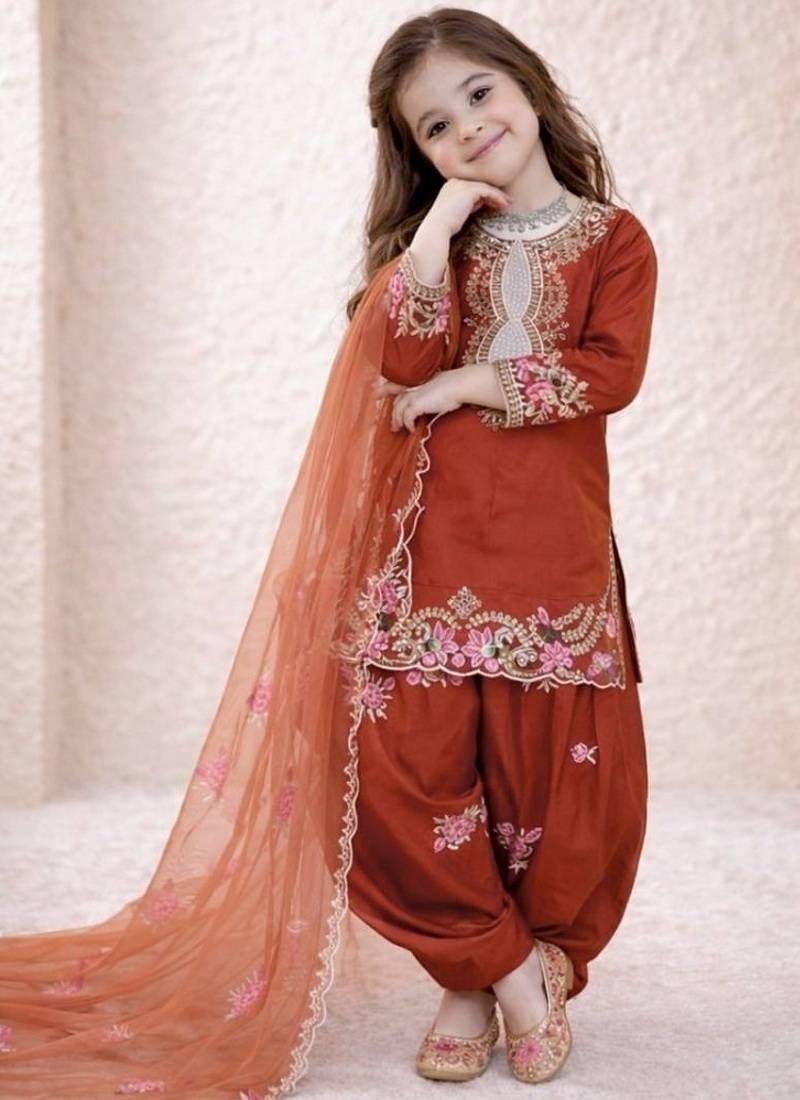 Designer party wear heavy natural crep kids patiala set