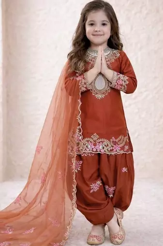 Designer party wear heavy natural crep kids patiala set