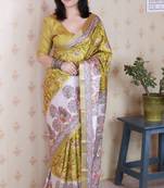 Gold printed tussar silk printed saree with blouse
