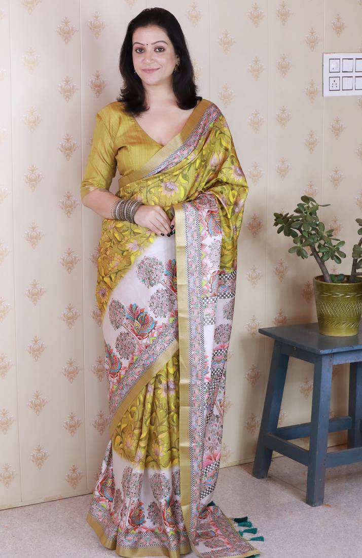 Gold printed tussar silk printed saree with blouse