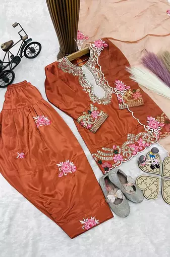 Designer party wear heavy natural crep kids patiala set