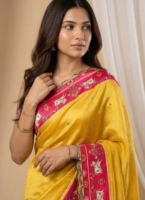 Yellow Color Aaari Mirror Foil Work and  Gopi Kana Print Silk Saree 2