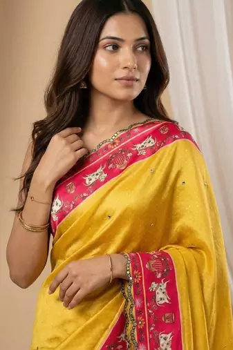 Yellow Color Aaari Mirror Foil Work and  Gopi Kana Print Silk Saree